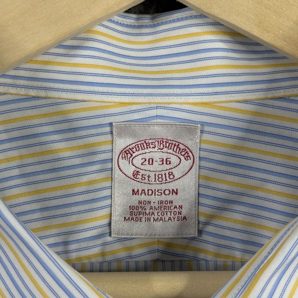 Brooks Brothers Shirt Mens 20 36 Blue Yellow Stripe Button Up Long Sleeve Preppy - Picture 4 of 10